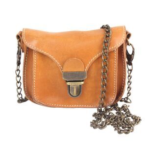Roots TAN BROWN GENUINE LEATHER CHAIN FLAP X-BODY SHOULDER BAG MINI PURSE CLUTCH